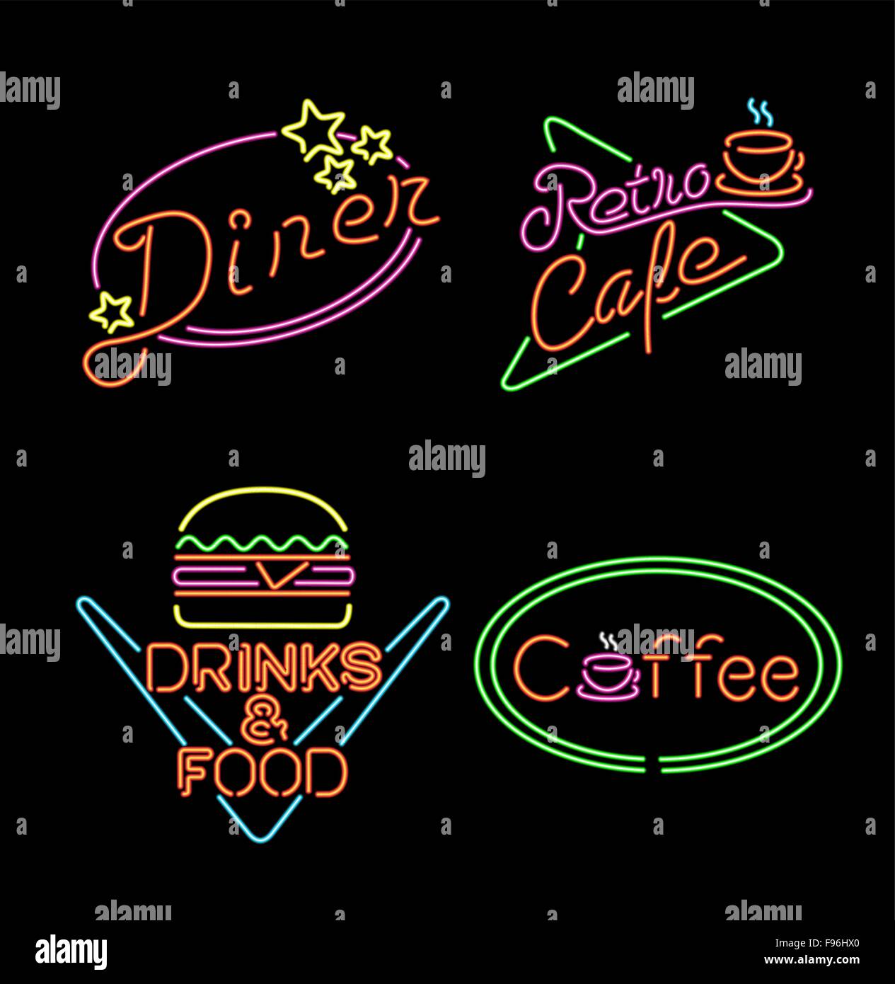 Jeu de lumière néon rétro vintage, signes et symboles pour les entreprises alimentaires, café, hamburger, restaurant, diner. Vecteur EPS10. Illustration de Vecteur