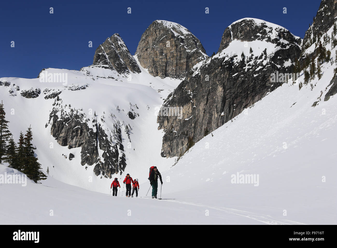 Petit groupe de personnes le ski nordique sur les sommets enneigés du parc provincial Valhalla, British Columbia, Canada Banque D'Images