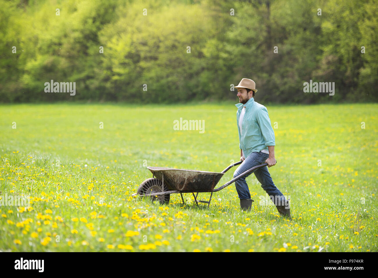 Jeune agriculteur pushing wheelbarrow dans le domaine Banque D'Images