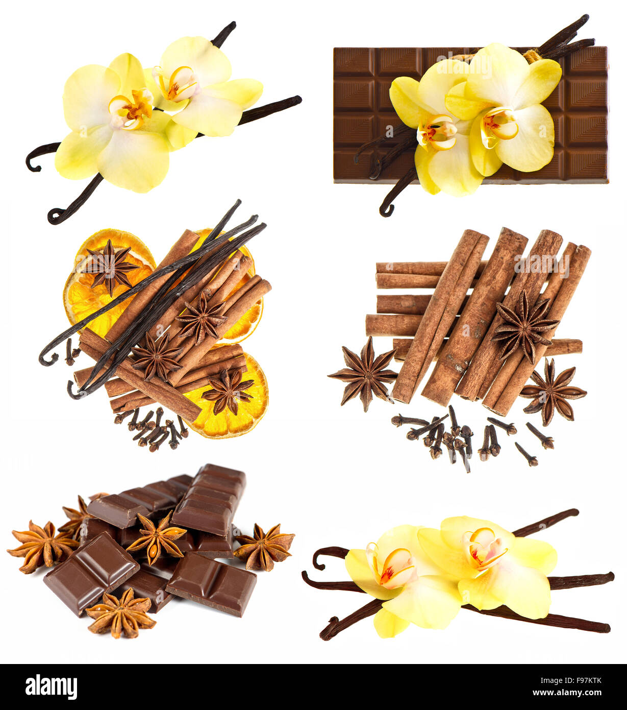 Gousses de vanille avec orchidée, fleur, chocolat, des bâtons de cannelle, d'anis étoile, girofle isolé sur fond blanc. Banque D'Images