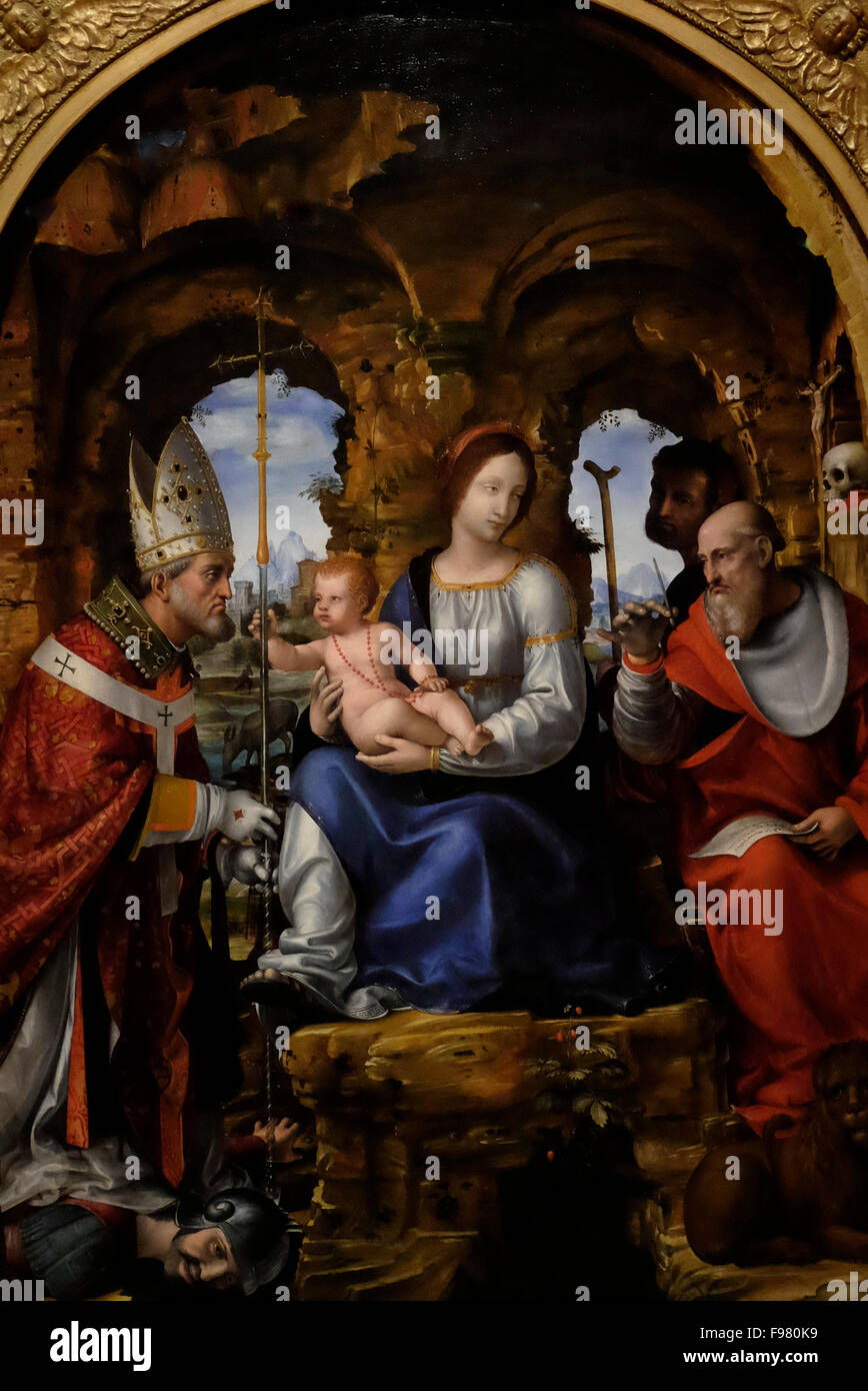 La Madone et l'enfant avec les saints - Bernardo bois allégorique, vers 1510 Banque D'Images