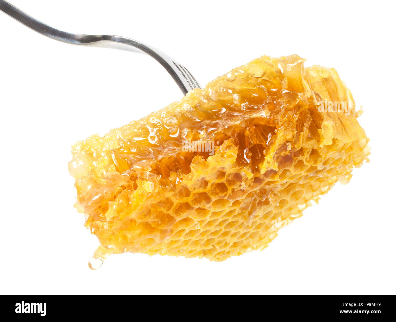 Fresh Honeycomb sur fourche close up on white background Banque D'Images