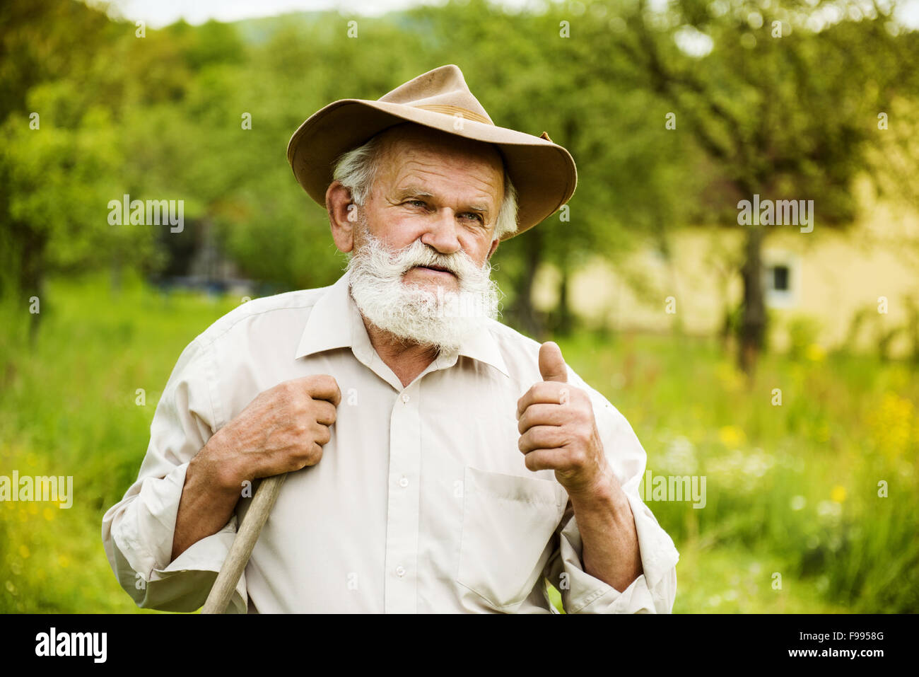 Vieux fermier avec barbe, travailler avec le râteau à jardin Banque D'Images