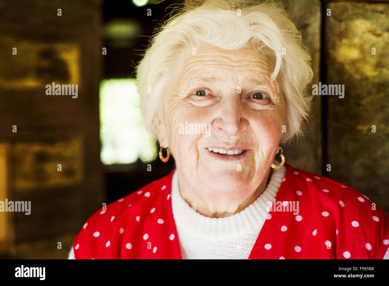 Portrait of smiling old woman at home Banque D'Images