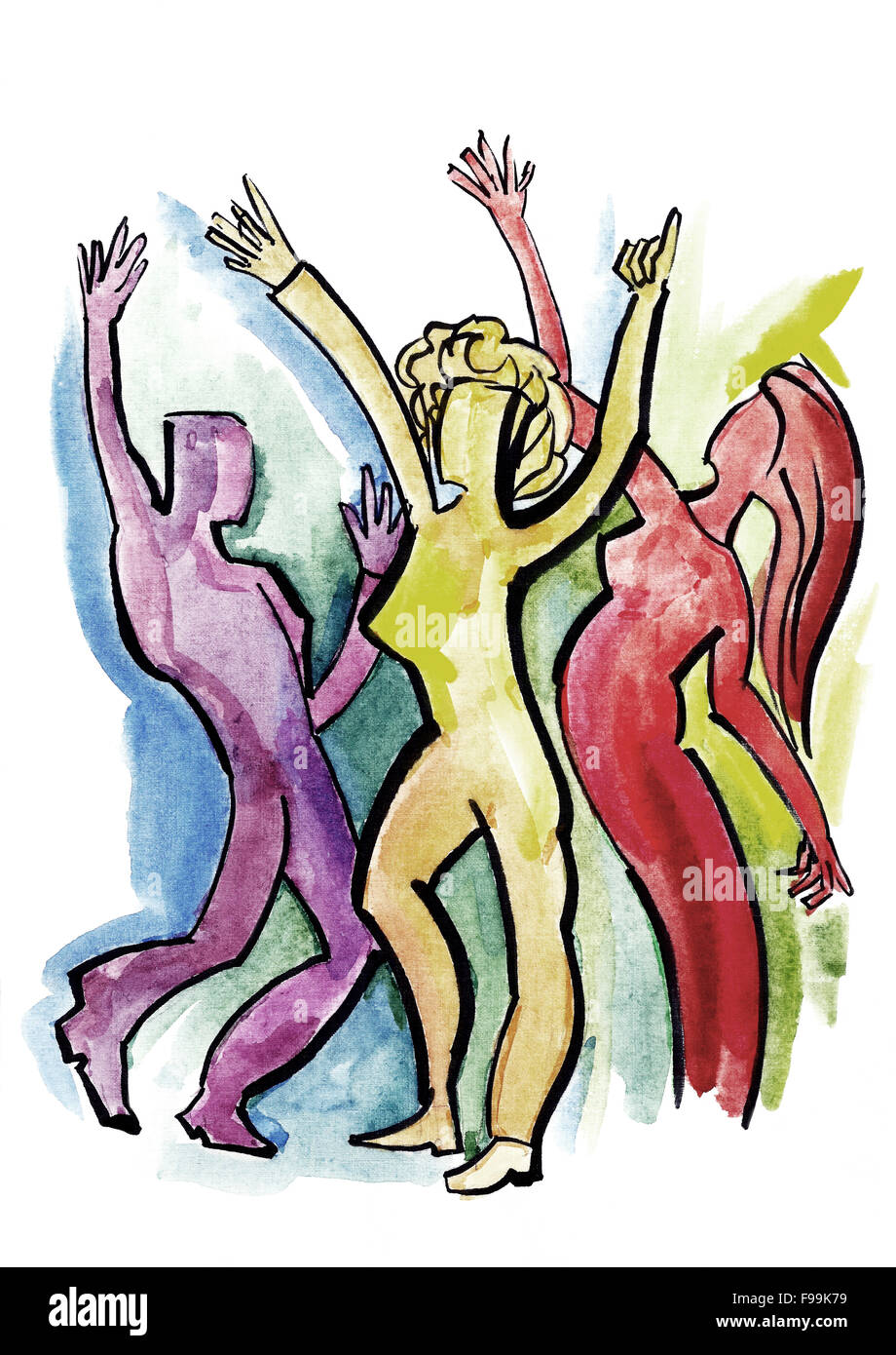 Trois jeunes adultes en dansant sur une piste de danse. Illustration dans un style moderne. Banque D'Images