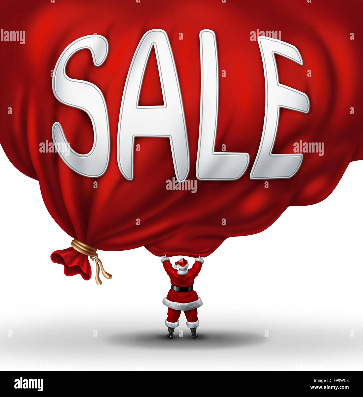 Grande vente de Noël symbole et maison de vacances promotions icône comme Santaclause soulevant un énorme sac cadeau rouge avec texte sur le matériel promotionnel Banque D'Images