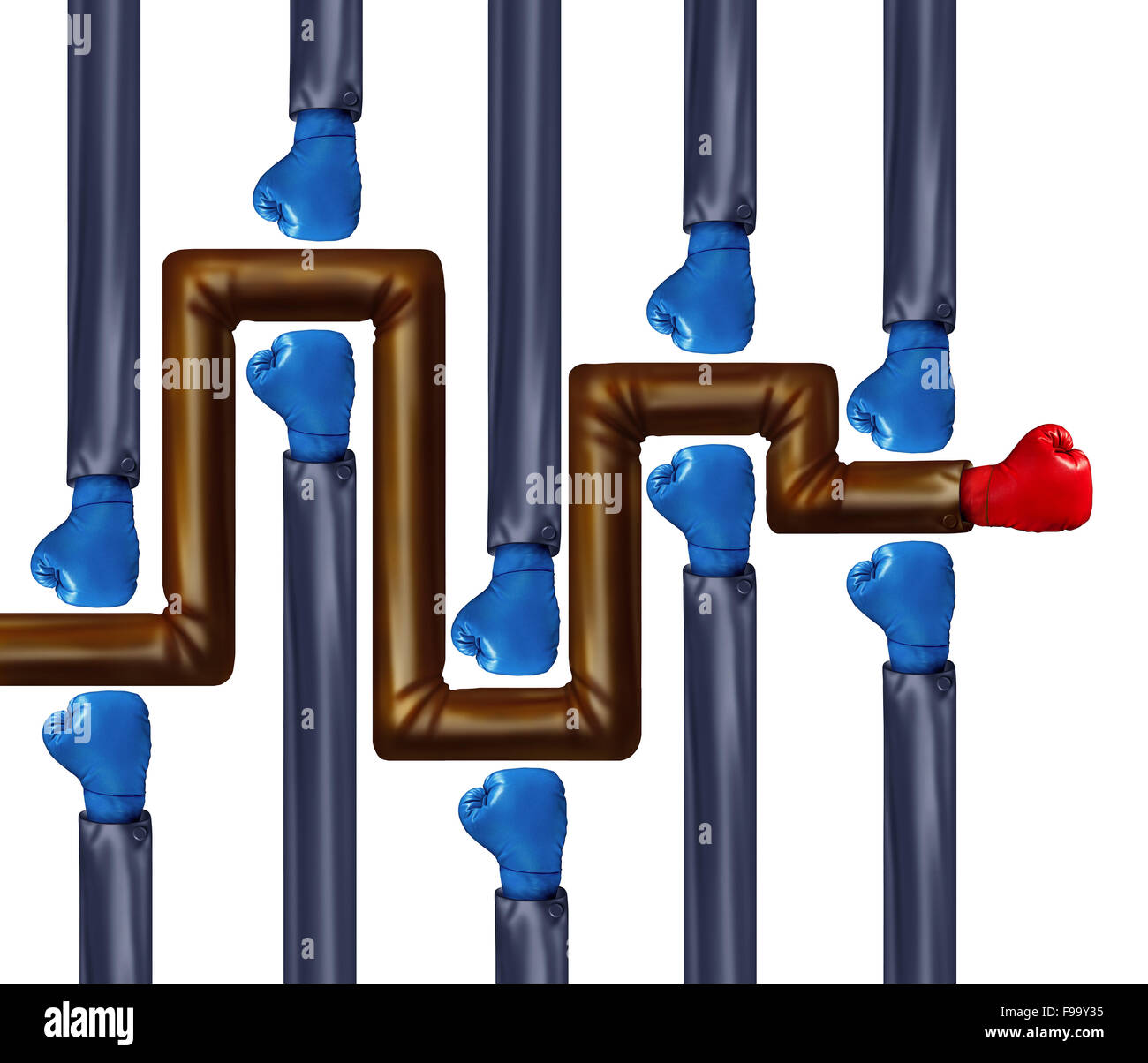 Concours résolu comme un labyrinthe labyrinthe fait de la boxe gants portés par les gens d'affaires comme un symbole et une métaphore de la concurrence de la réussite et de la motivation des autres pour atteindre un but. Banque D'Images