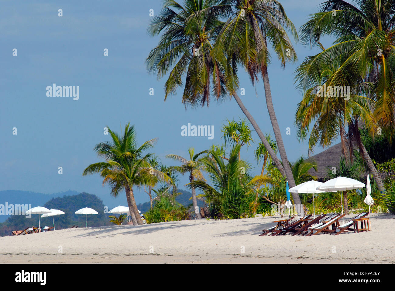 Des chaises longues et de cocotiers sur le sable blanc Hua laem Prao Beach Banque D'Images