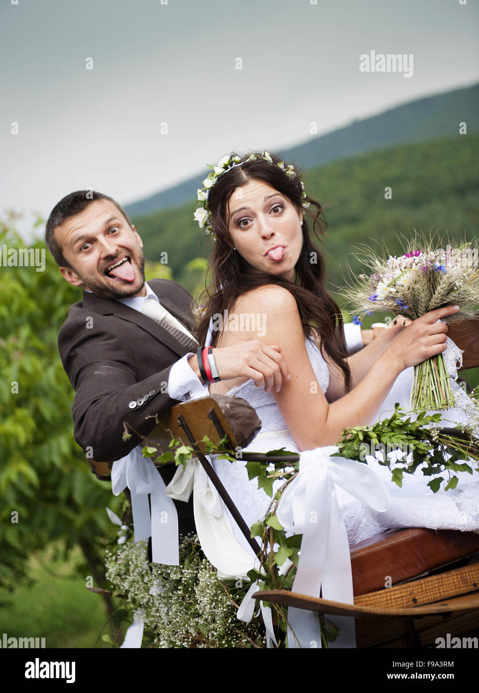 Belle mariée et le marié au mariage champêtre Banque D'Images