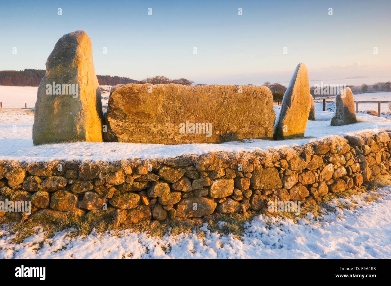 Le cercle de pierres est Aquhorthies au lever du soleil - près d'Inverurie, Aberdeenshire, Ecosse. Banque D'Images