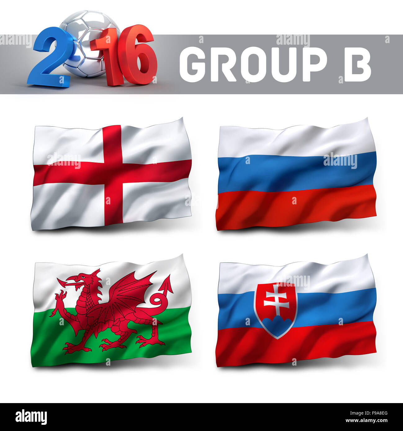 France 2016 groupe admissible B avec des drapeaux de l'équipe. La concurrence d'Europe de football. Banque D'Images