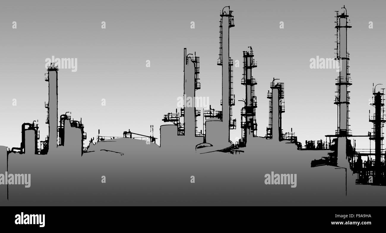 Demi-ton noir et blanc illustration de la raffinerie de pétrole Banque D'Images