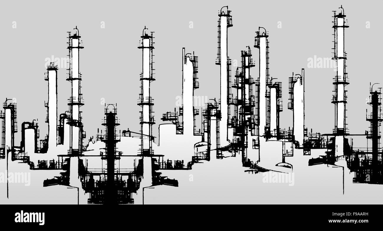 Demi-ton noir et blanc illustration de la raffinerie de pétrole Banque D'Images