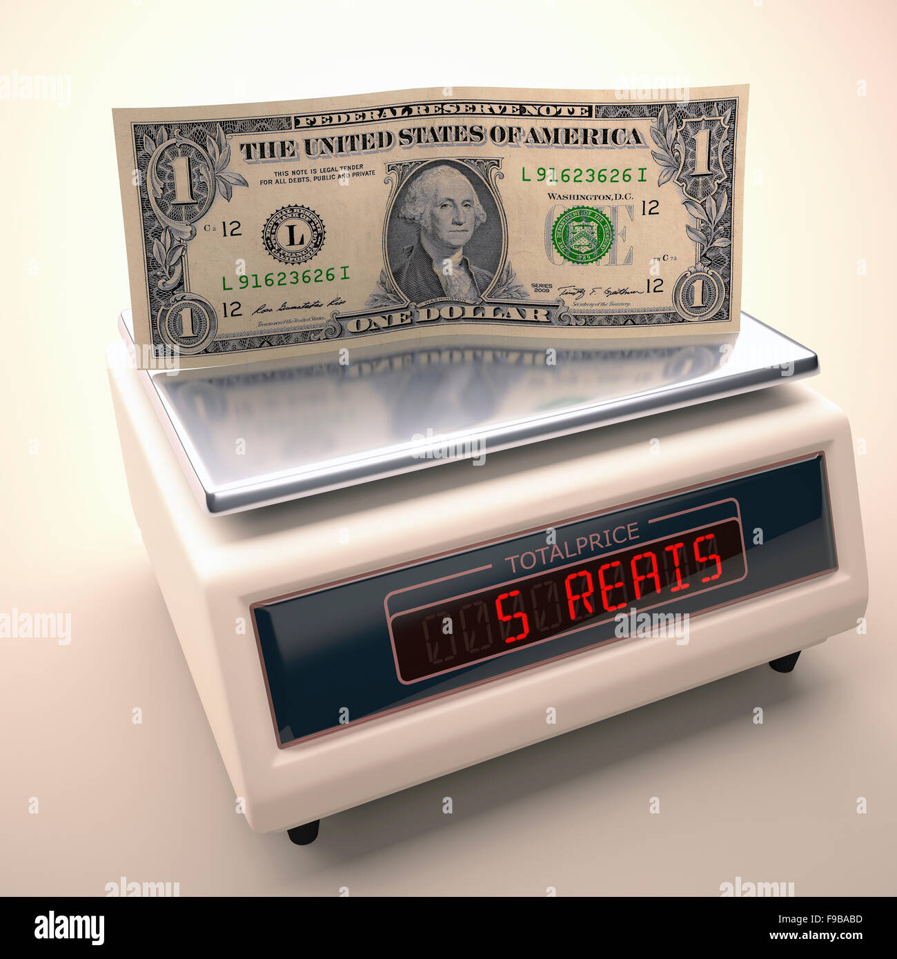 Billet de 1 dollar américain pesant 5 real brésilien, illustration de l'ordinateur. Banque D'Images