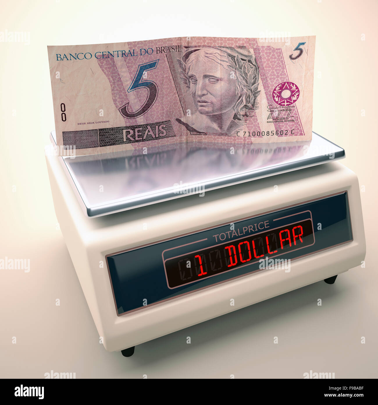 5 billet de reals brésiliens de 1 dollar US, l'illustration de l'ordinateur. Banque D'Images