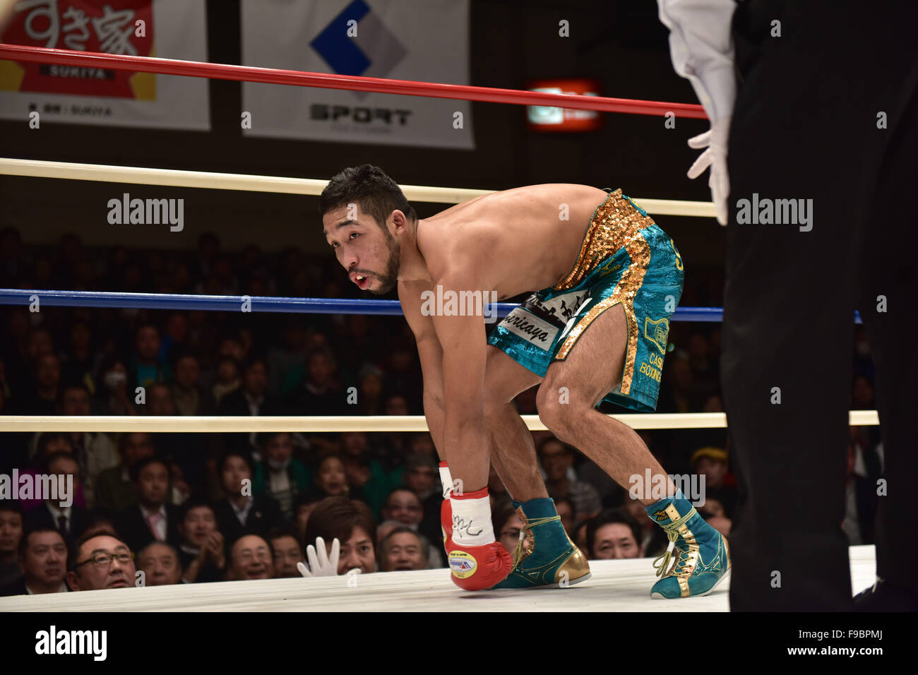 Tokyo, Japon. 14 Décembre, 2015. Boxe : Rikki Rikki Naito Naito du Japon se lève après avoir été renversé dans le premier tour au cours de la super japonais titre poids plume à bout de Korakuen à Tokyo, au Japon . © Hiroaki Yamaguchi/AFLO/Alamy Live News Banque D'Images