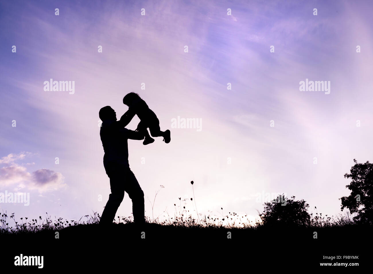 Silhouette d'heureux père s'amusant avec son fils Banque D'Images