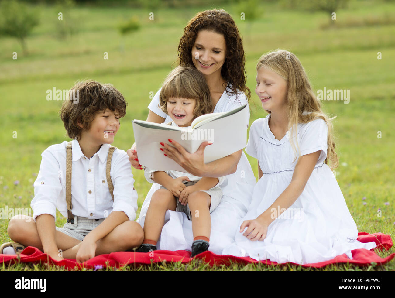Mère est coin et lire un livre à ses enfants dans le vert du parc Banque D'Images