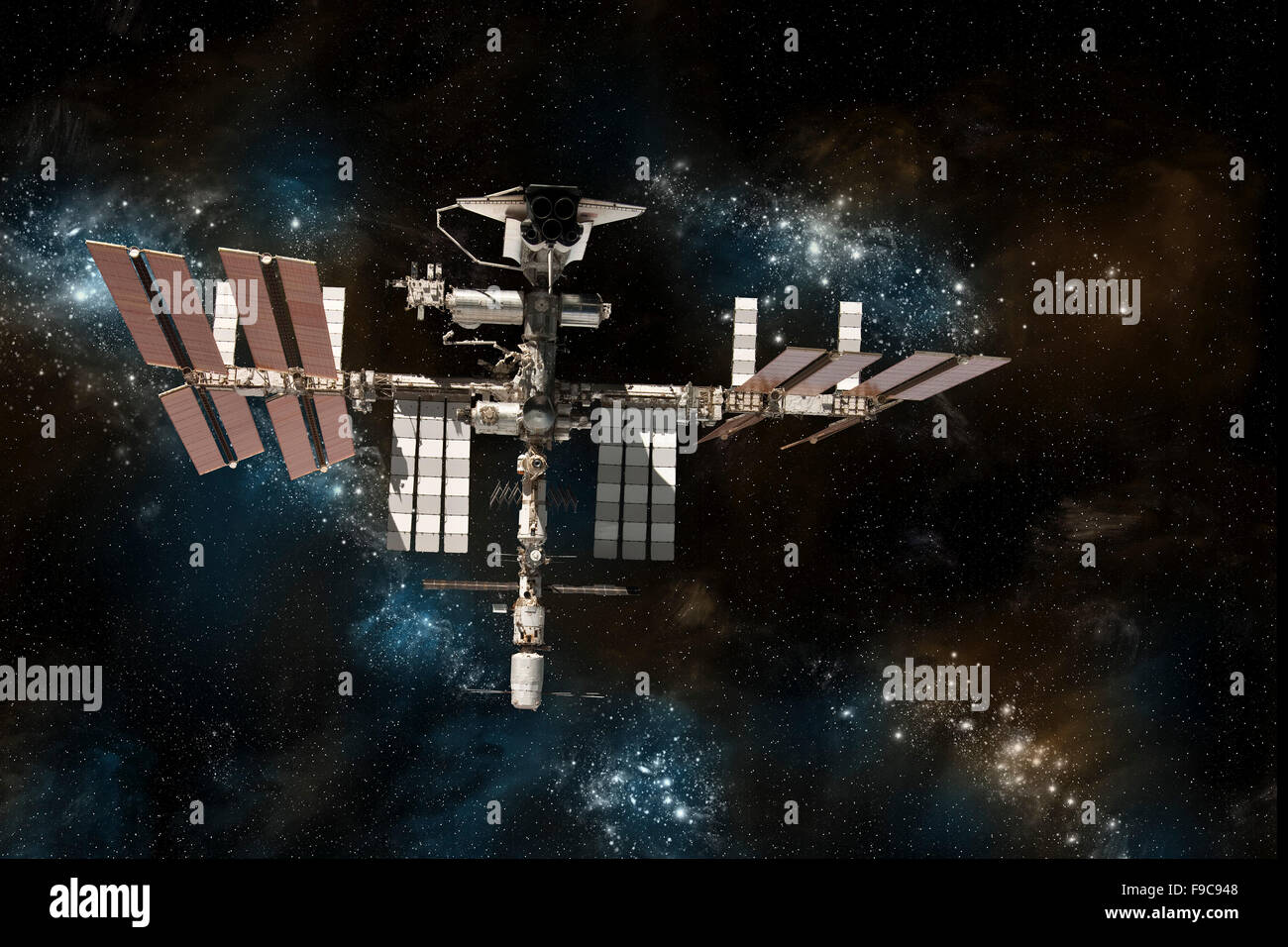 Une représentation de la navette amarrée à la Station Spatiale Internationale sur un fond d'étoiles. Banque D'Images