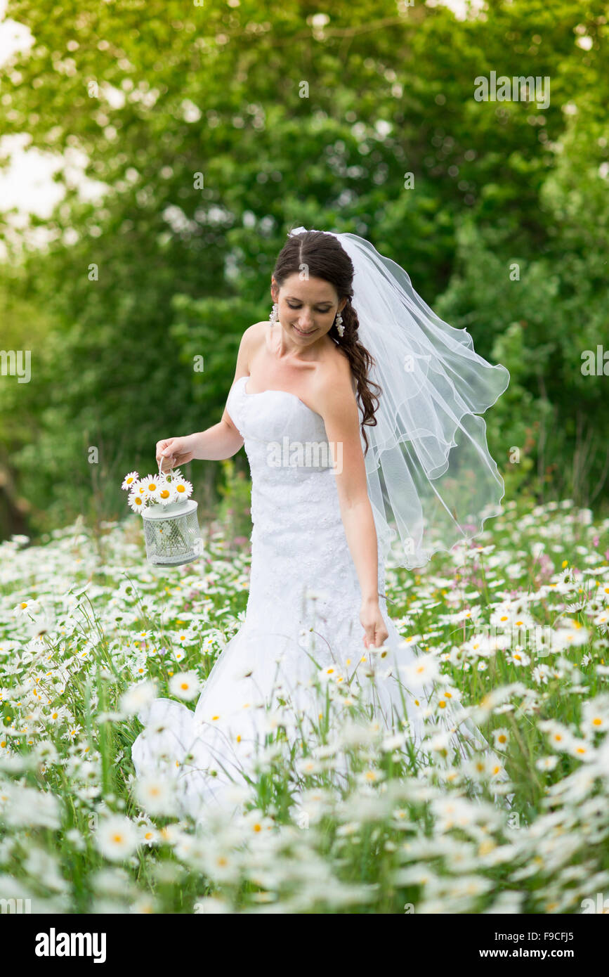 Mariée en robe de mariée blanche à la prairie Banque D'Images