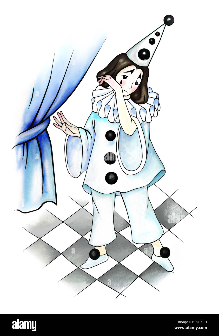 Clown triste Pierrot avec rideau dans le cirque. Banque D'Images