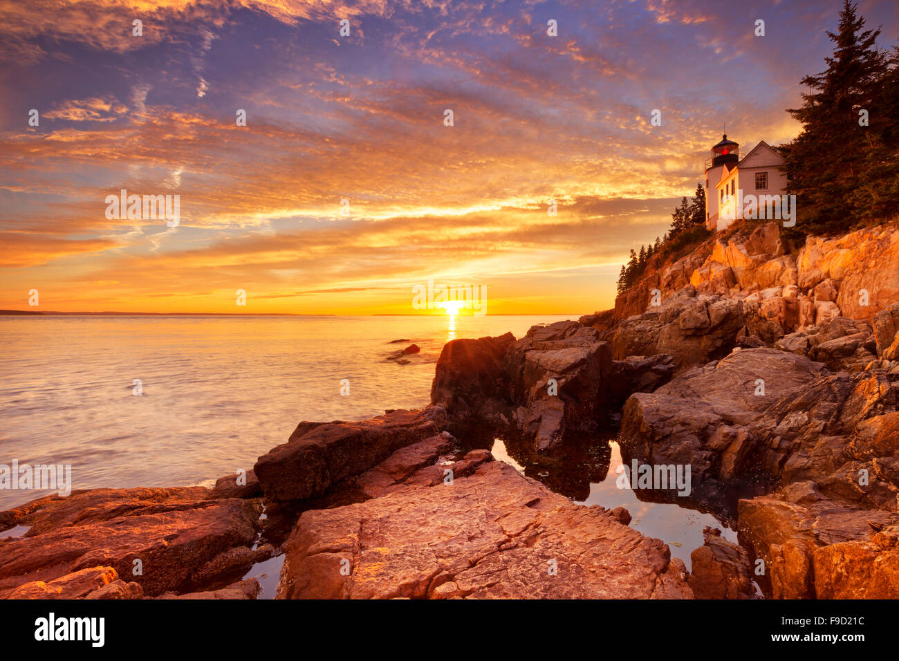 Le Bass Harbor Head dans l'Acadia National Park, Maine, USA. Photographié au cours d'un spectaculaire coucher de soleil. Banque D'Images