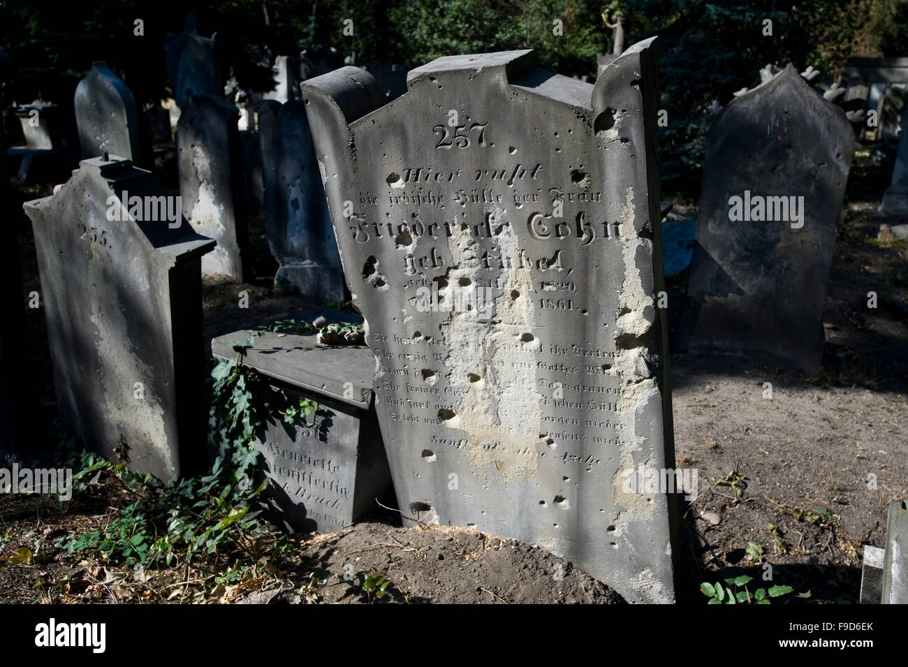 Wroclaw, Pologne. 1er octobre 2015. La Deuxième Guerre mondiale, des impacts de balles visibles sur pierre tombale à l'ancien cimetière juif de Wroclaw, Pologne. Banque D'Images