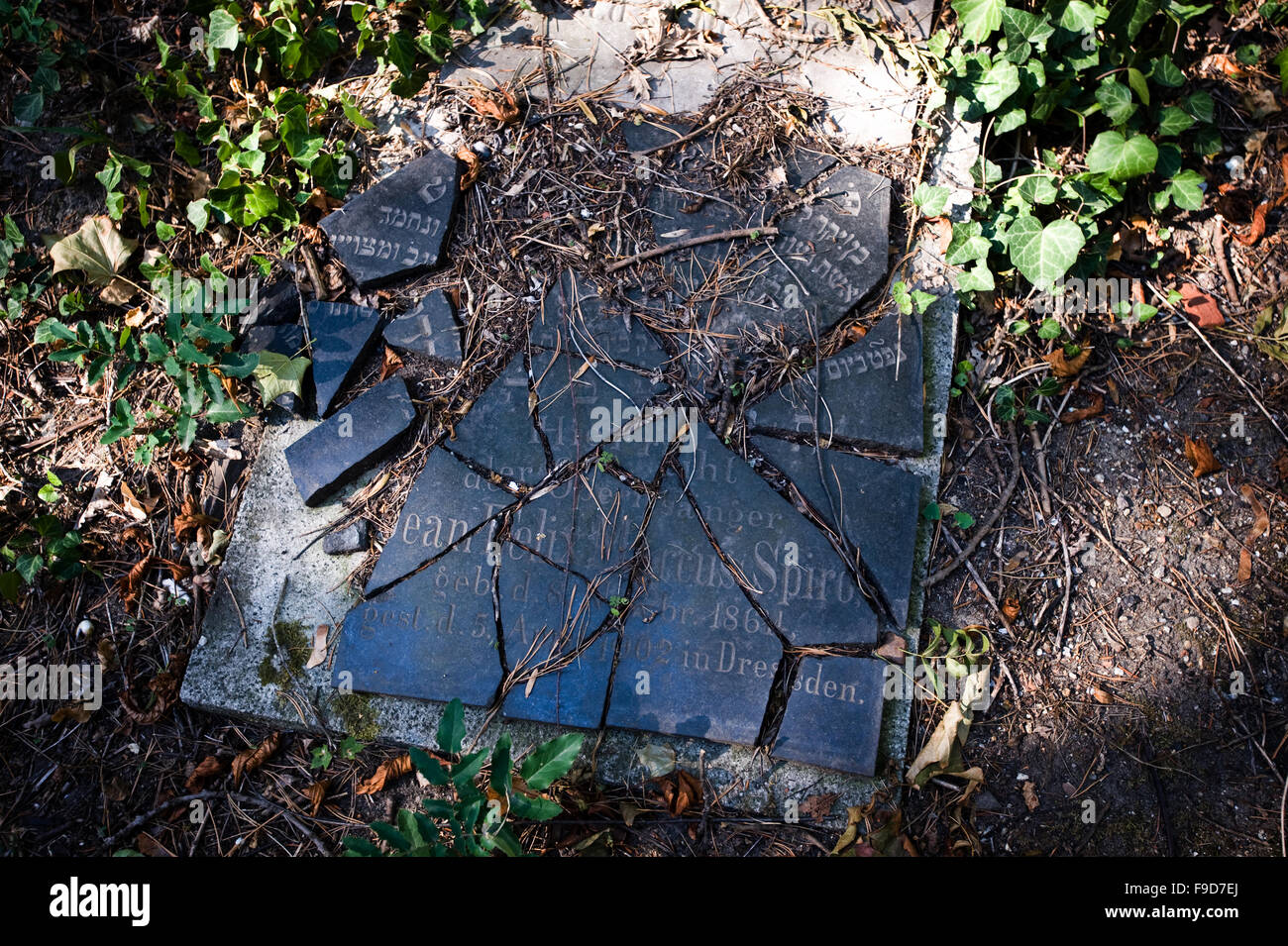 Wroclaw, Pologne. 1er octobre 2015. La Deuxième Guerre mondiale, des impacts de balles visibles sur pierre tombale à l'ancien cimetière juif de Wroclaw, Pologne. Banque D'Images