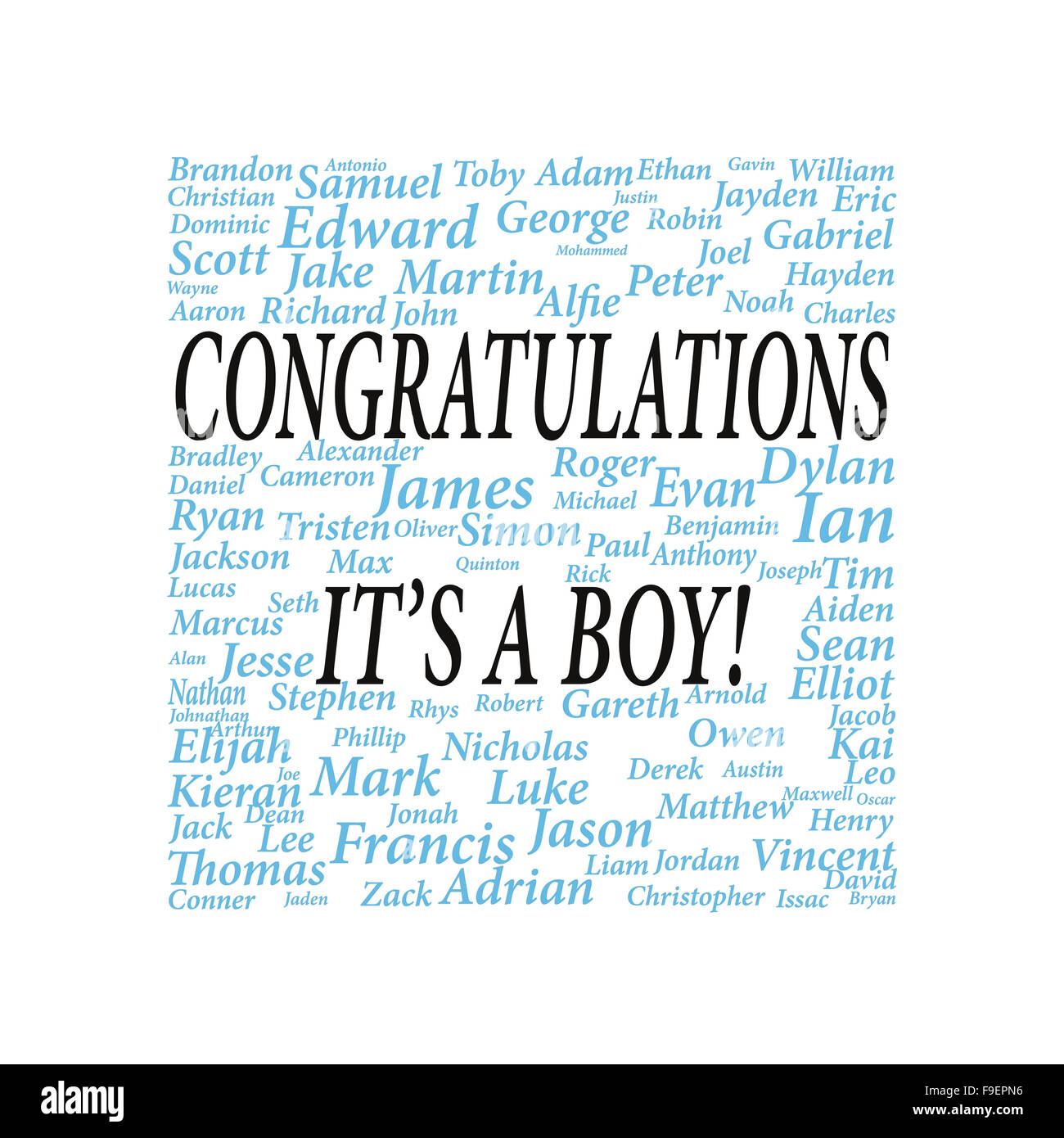 Félicitations c'est un garçon entouré de noms de garçons Banque D'Images