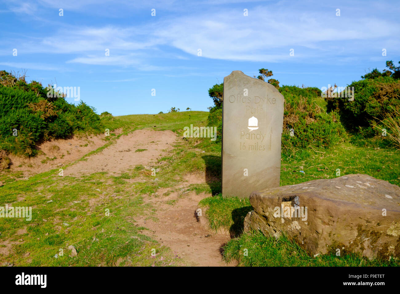 Un marqueur de pierre sur l'Offa's Dyke guide des sentiers nationaux de marcheurs dans la montagne noire, Pays de Galles, Royaume-Uni Banque D'Images