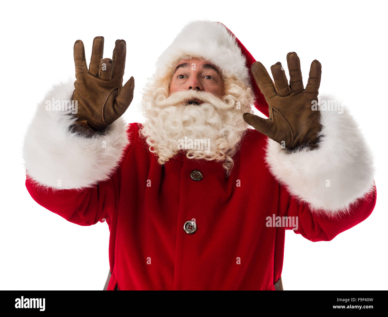 Le Père Noël Portrait travailler avec l'interface virtuelle isolé sur fond blanc Banque D'Images