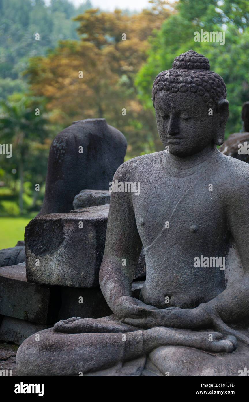 Bouddha assis en méditation dans la pierre à Borobudur Banque D'Images