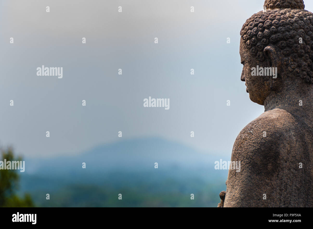 Bouddha assis en méditation dans la pierre au-dessus de jungle à Borobudur Banque D'Images