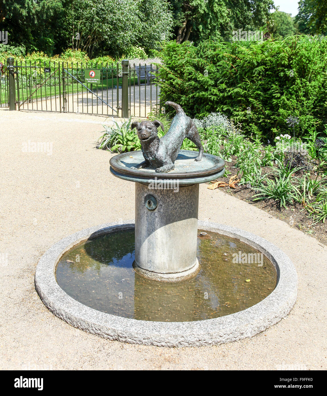 Le chien de terrier de bronze Esme Percy fontaine située près de la porte du palais à l'entrée à pied large Kensington Gardens London, England, UK Banque D'Images