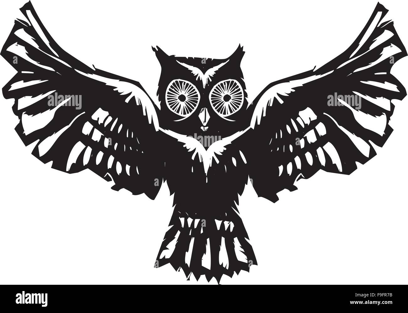 Gravure sur bois flying owl avec ailes à plumes. Illustration de Vecteur