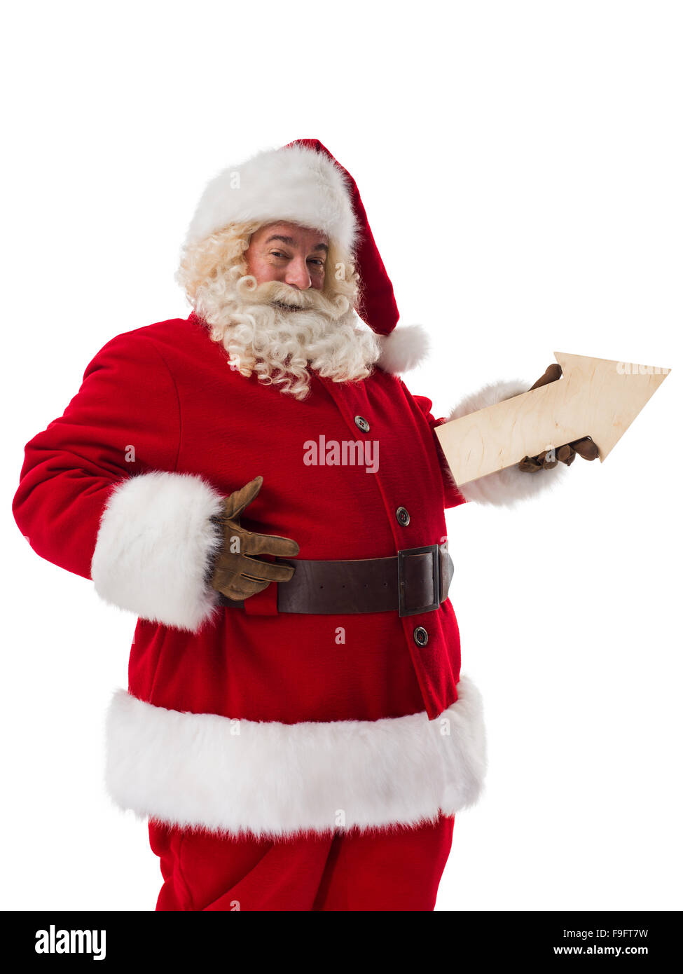 Père Noël en bois en flèche. Portrait isolé sur fond blanc Banque D'Images