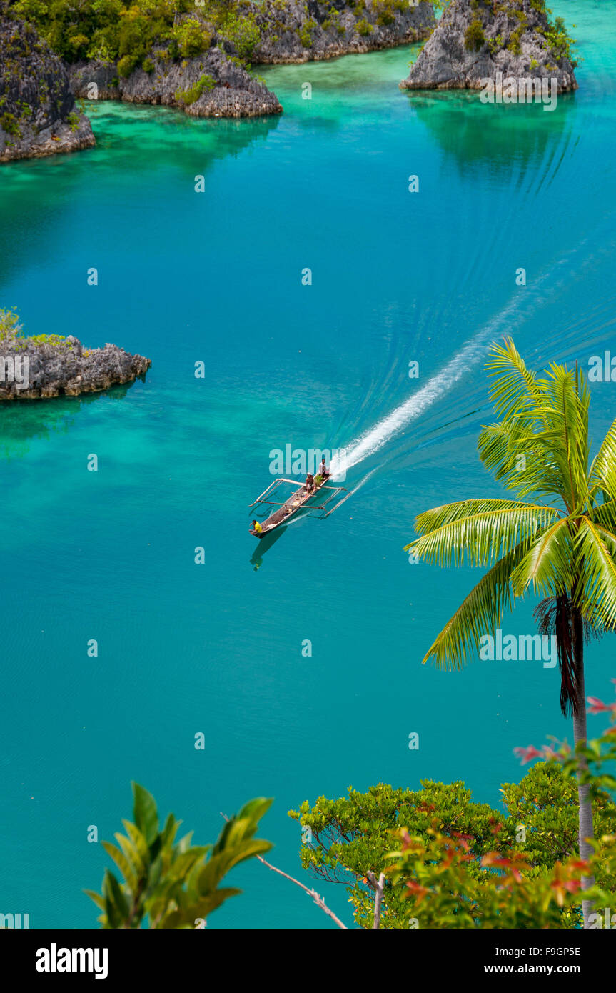 Croisière en bateau autour de petites îles vertes appartenant à Fam Île de la mer de Raja Ampat, Papouasie Nouvelle Guinée Banque D'Images