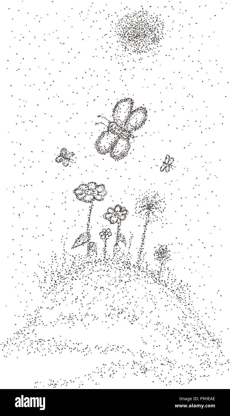 Prairie de fleurs avec papillons. Paysage avec diffusion de style points Illustration de Vecteur