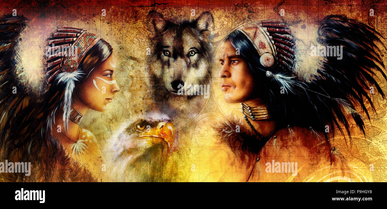 Magnifique Tableau D Un Jeune Indien L Homme Et De La Femme Accompagnee De Loup Et De L Aigle Sur Fond Jaune Ornement Portrait Profil Oculaire Lentilles De Contact Photo Stock Alamy