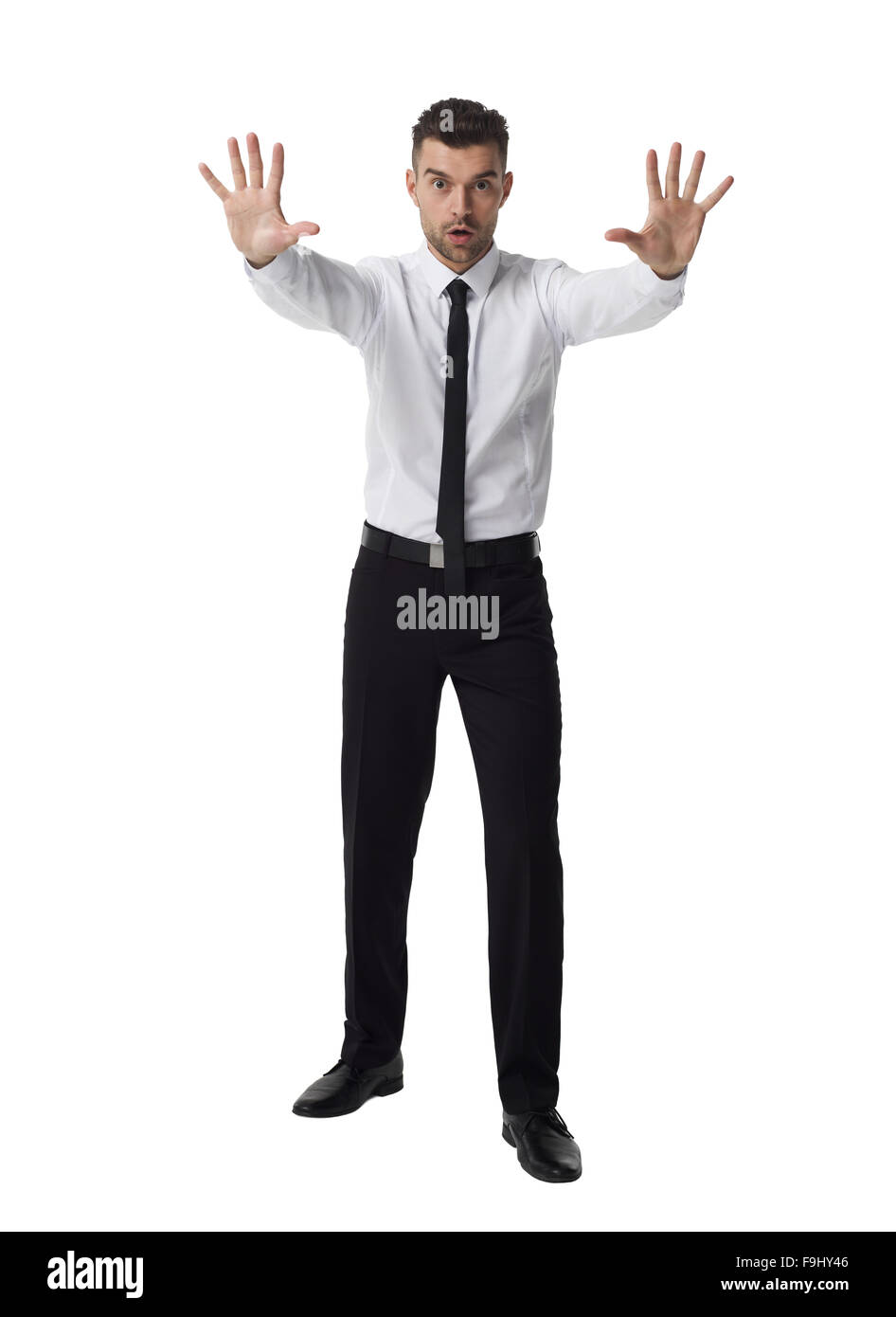 Businessman showing geste stop Full Length Portrait isolé sur fond blanc Banque D'Images