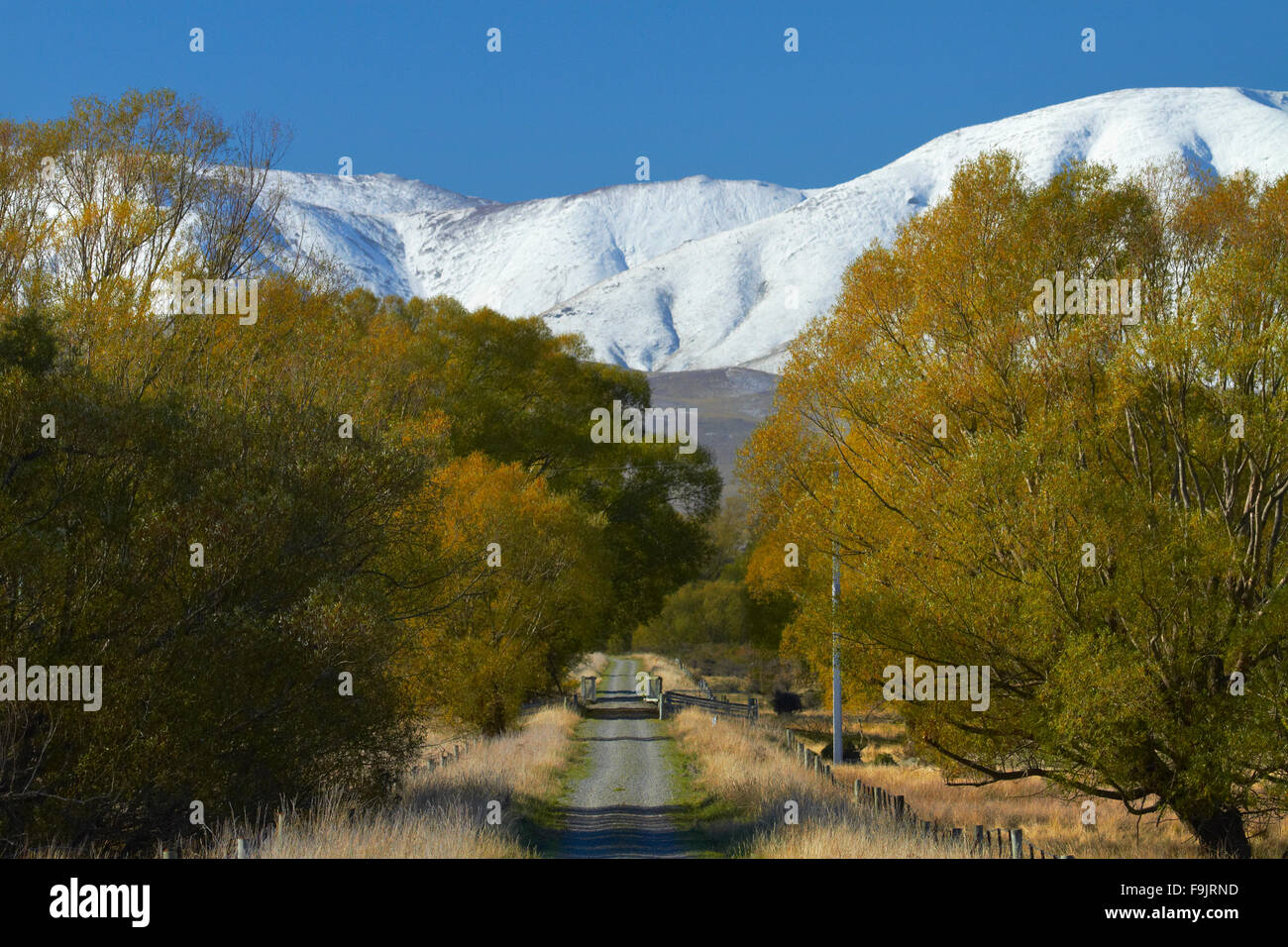 Otago Central Rail Trail dans la vallée de l'Ida, et la neige sur la plage de l'Ida, Central Otago, île du Sud, Nouvelle-Zélande Banque D'Images