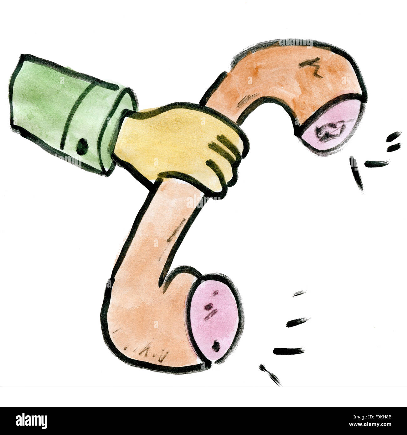 Combiné téléphonique filaire cartoon isolé sur fond blanc dessin aquarelle Banque D'Images