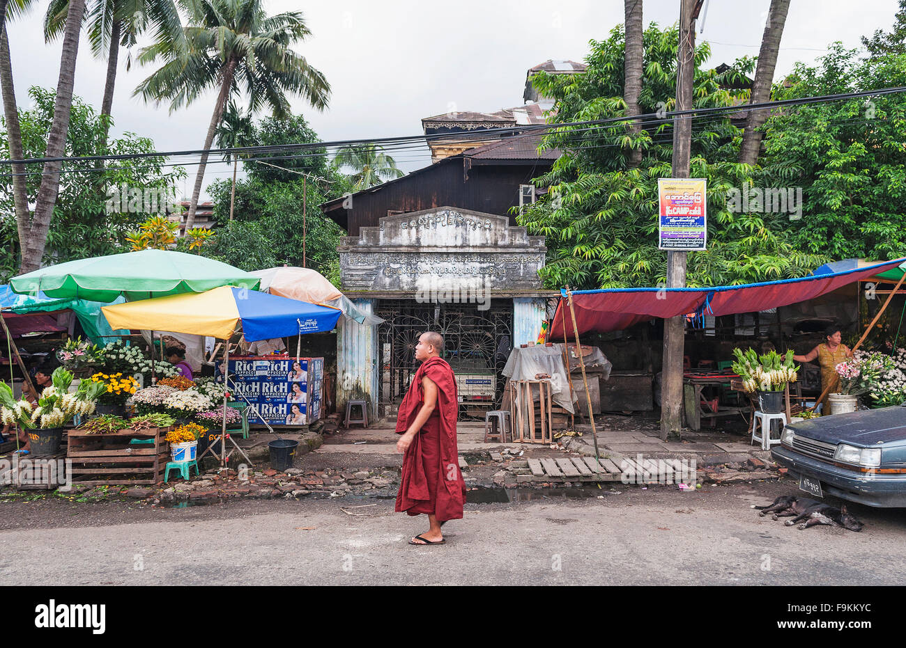 Le moine bouddhiste à la rue du marché à Yangon myanmar Banque D'Images