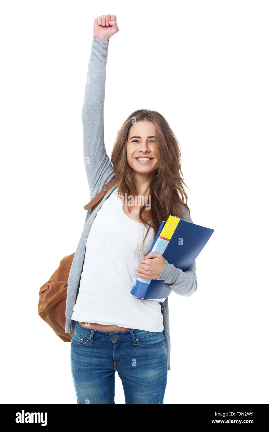 Heureux female student raising hand main isolé sur fond blanc. Banque D'Images