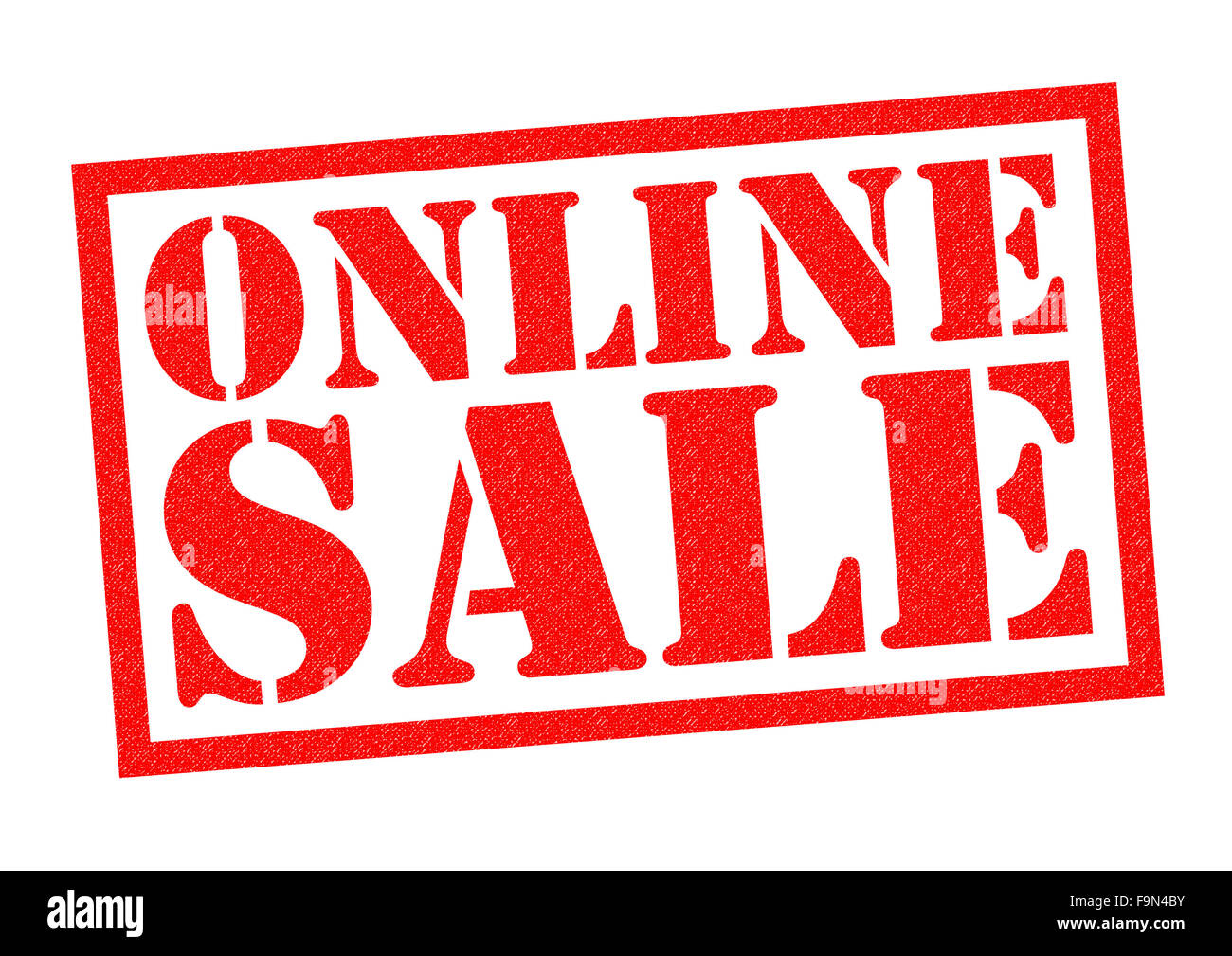 Vente en ligne de tampon en caoutchouc rouge sur un fond blanc. Banque D'Images