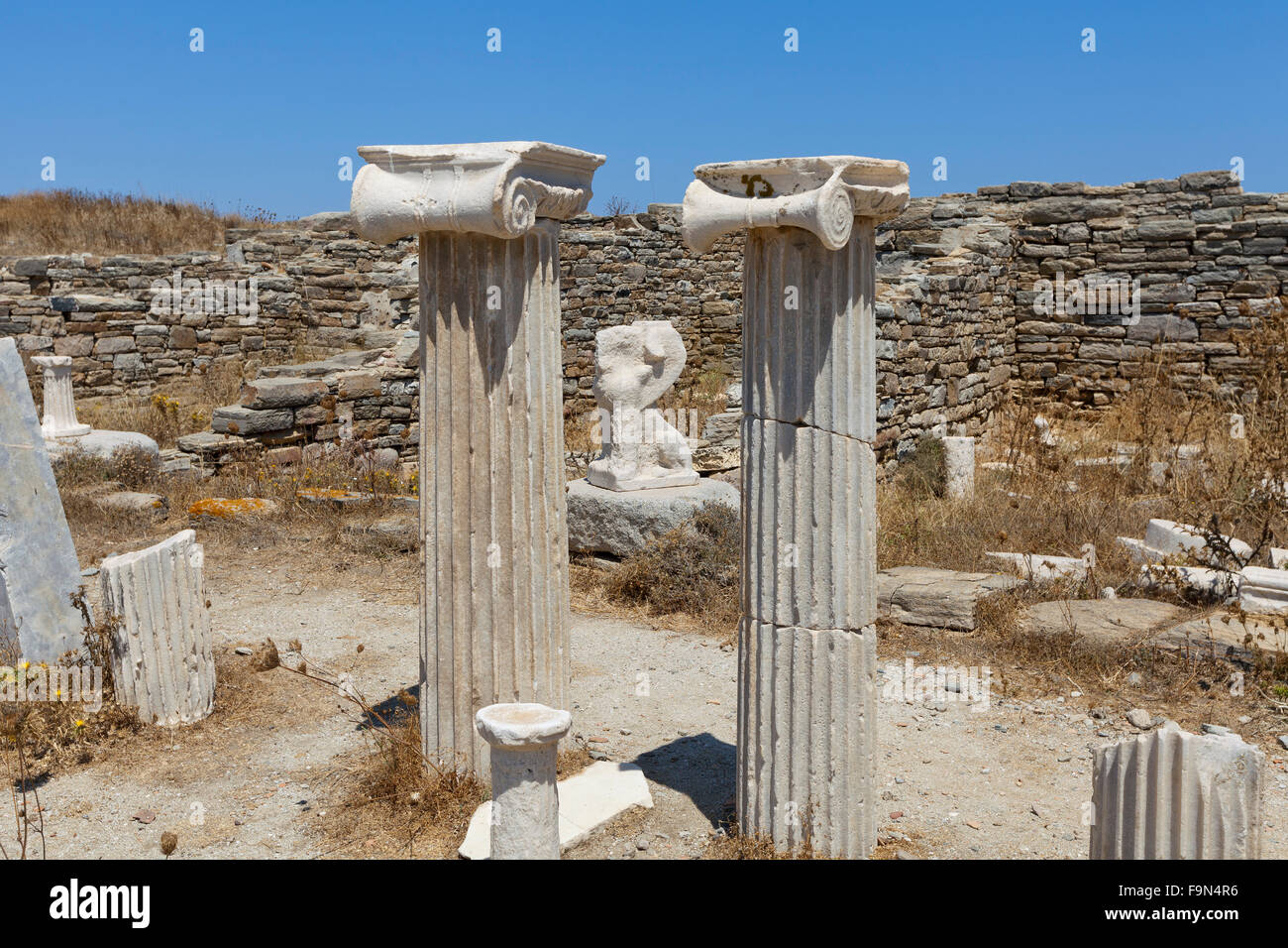 Site archéologique sur l'île de Délos, près de Mykonos Banque D'Images