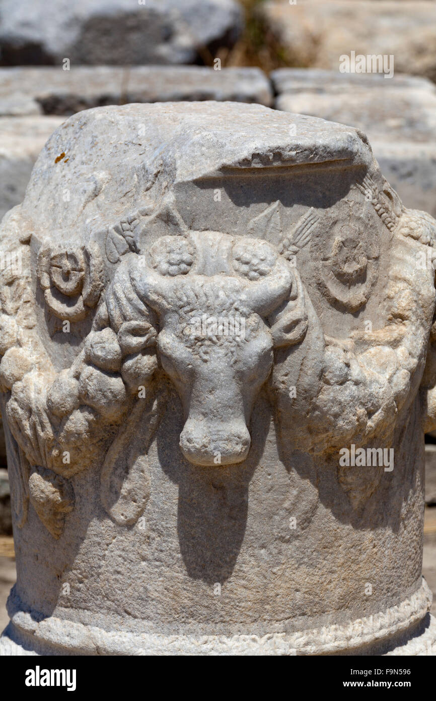 Détail de la sculpture de tête de taureau au site archéologique sur l'île de Délos, près de Mykonos Banque D'Images