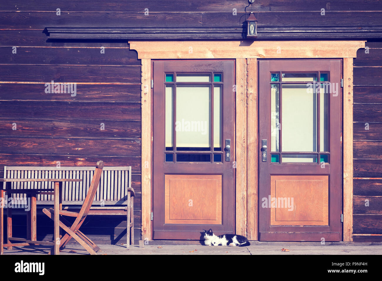 Vintage photo aux couleurs d'un chat en face de la porte en bois. Banque D'Images