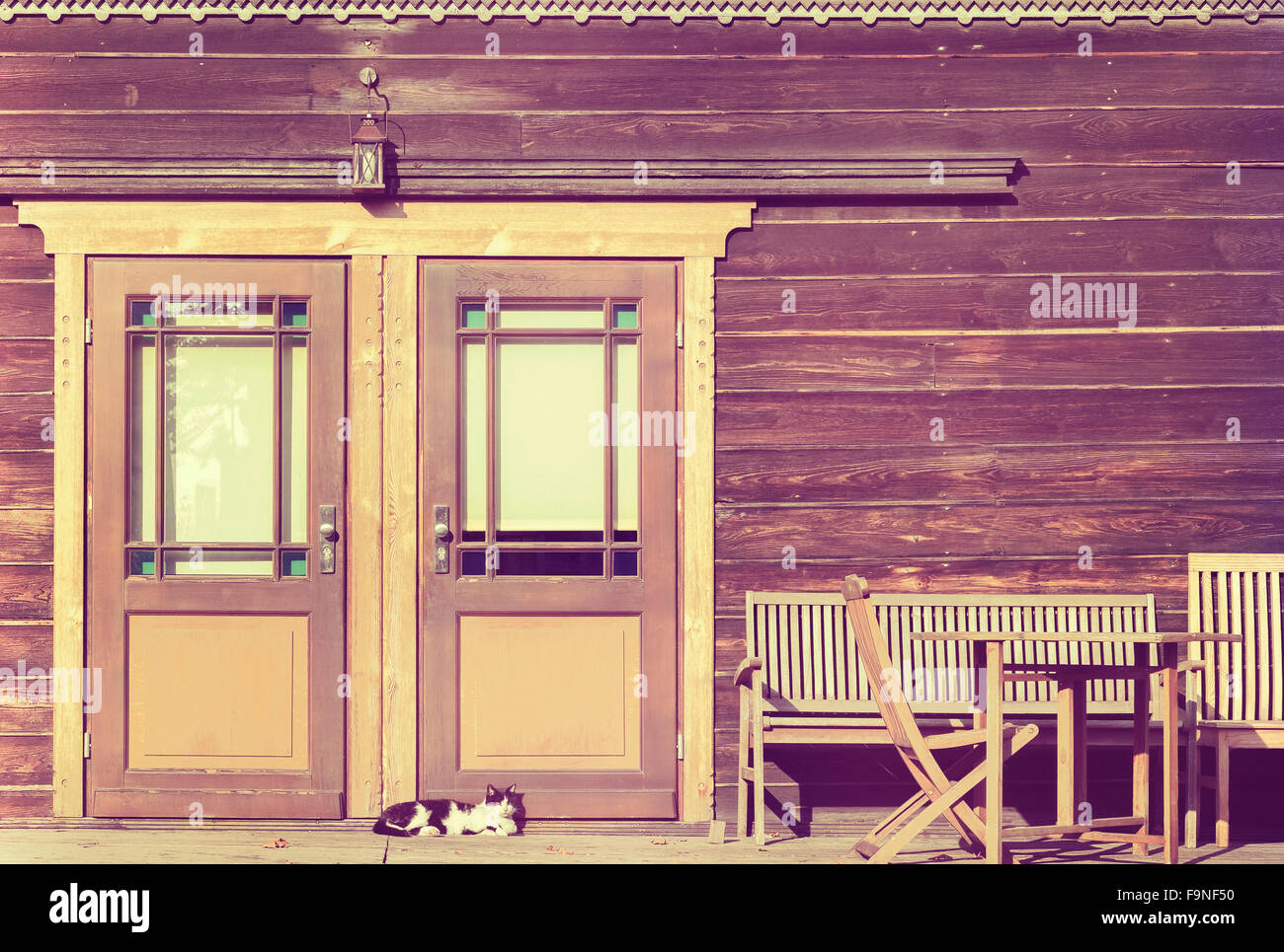 Vintage photo aux couleurs d'un chat en face de la porte en bois. Banque D'Images