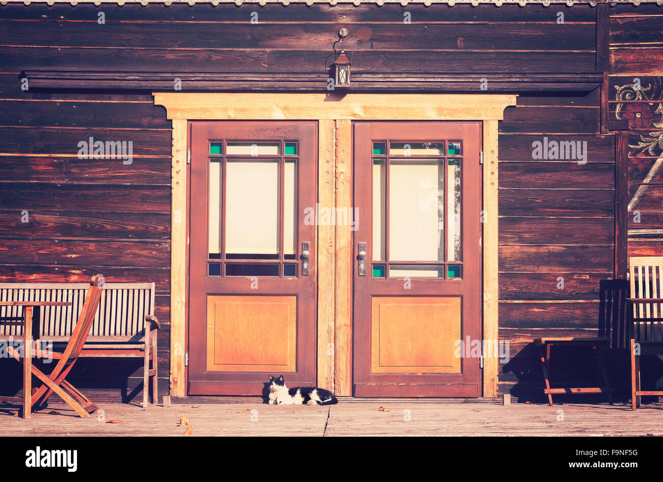 Vintage photo aux couleurs d'un chat en face de maison en bois. Banque D'Images